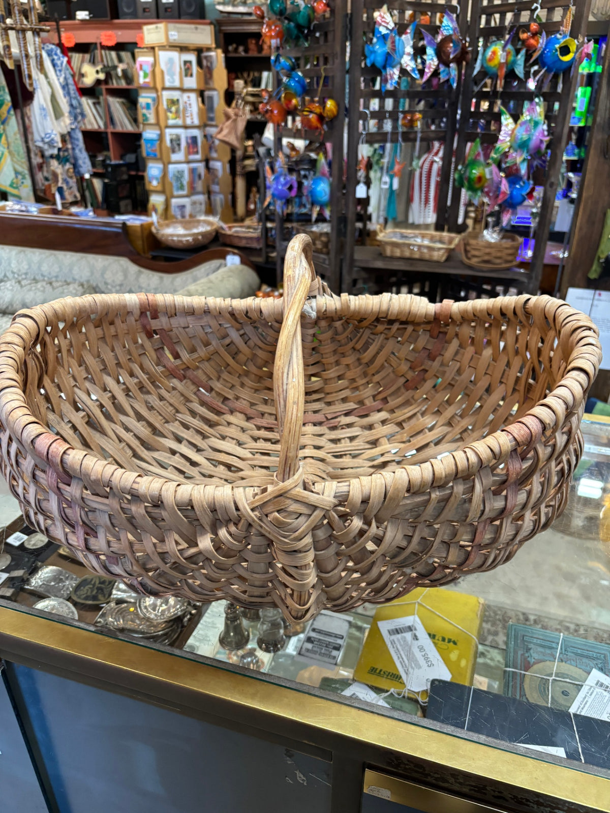 Vintage Handwoven Splint Basket with Tall Center Handle – Rustic Farmhouse Gathering Basket