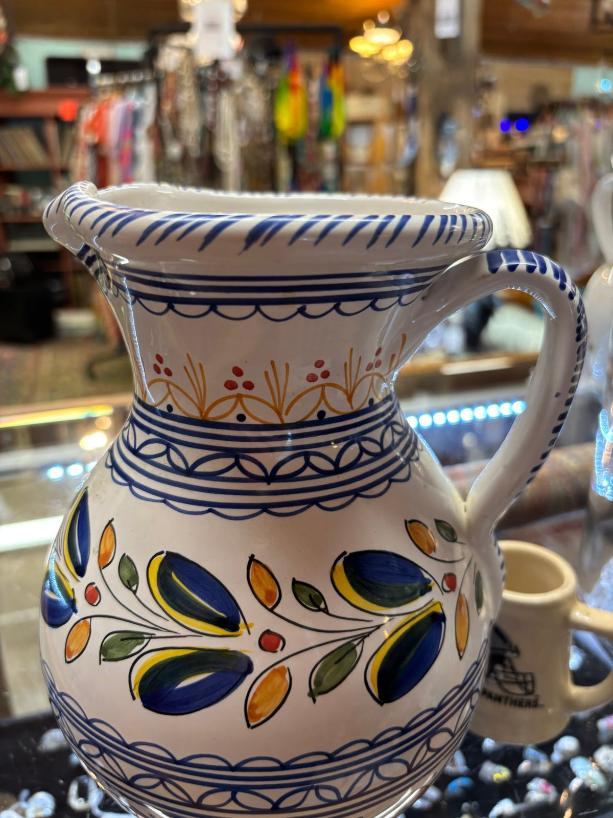 Hand-Painted Mediterranean Style Ceramic Pitcher – Blue & White Floral Design