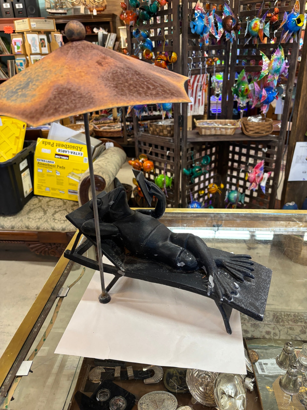 Vintage Cast Iron Frog Lounging Under Umbrella Garden Sculpture