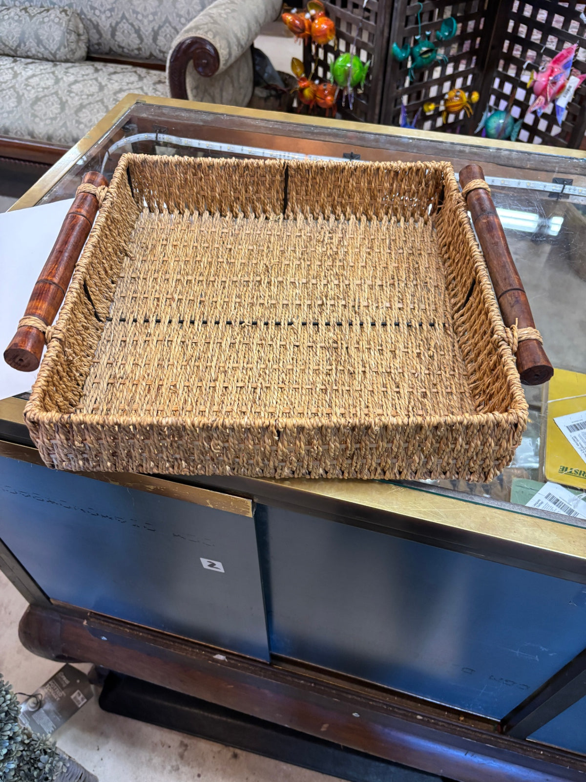 Rustic Handwoven Wicker Serving Tray with Bamboo-Style Wooden Handles