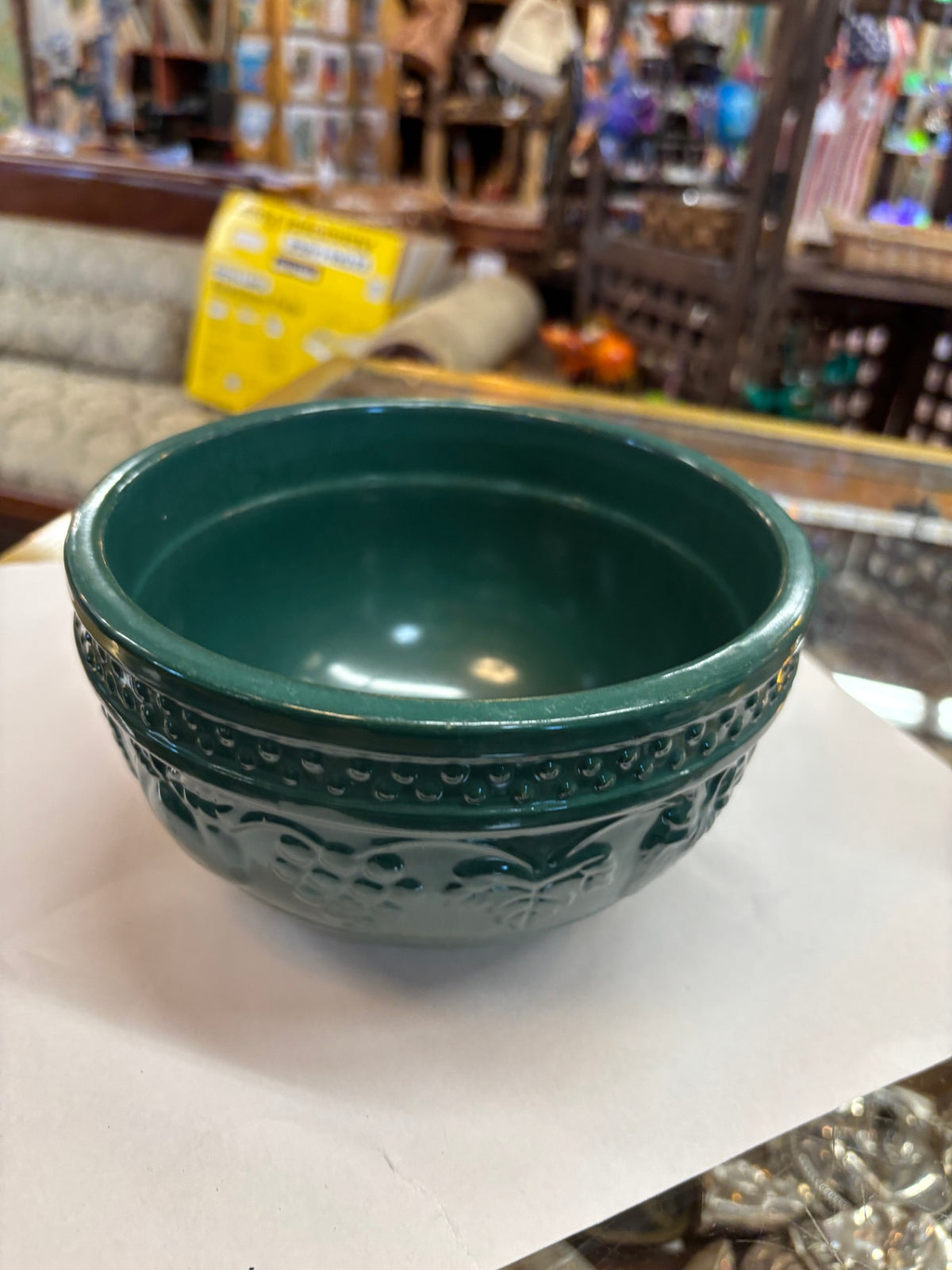 Vintage Dark Green Glazed Ceramic Embossed Floral Mixing Bowl