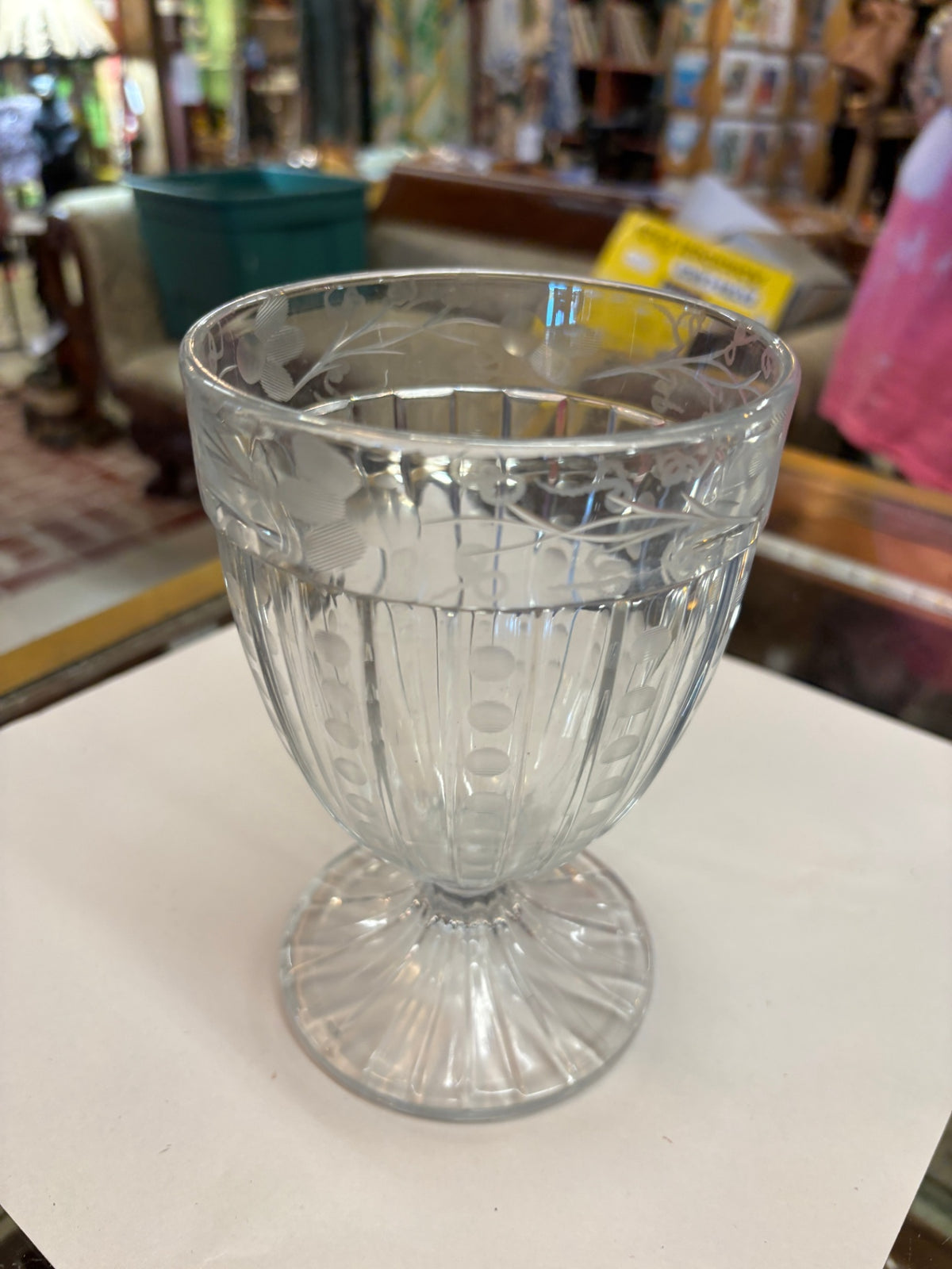 Vintage Clear Pressed Glass Footed Goblet with Etched Floral Design