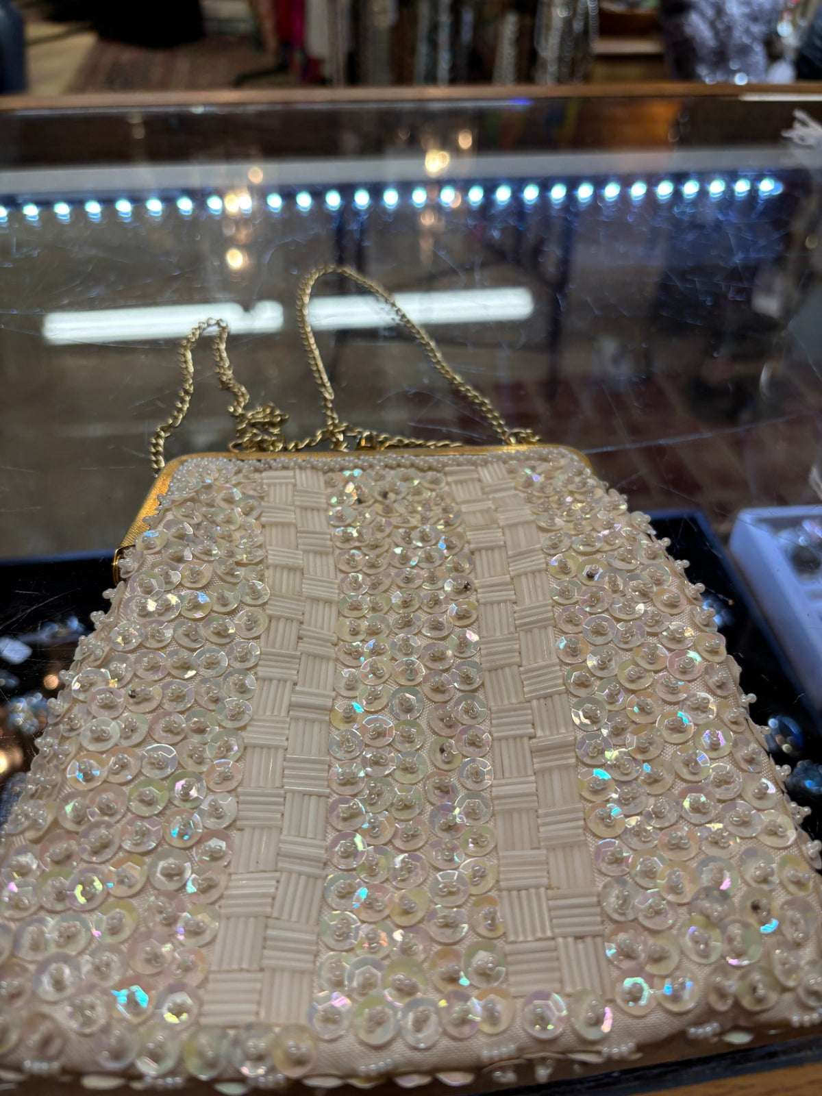 Vintage Ivory Beaded & Iridescent Sequin Evening Purse with Gold-Tone Chain