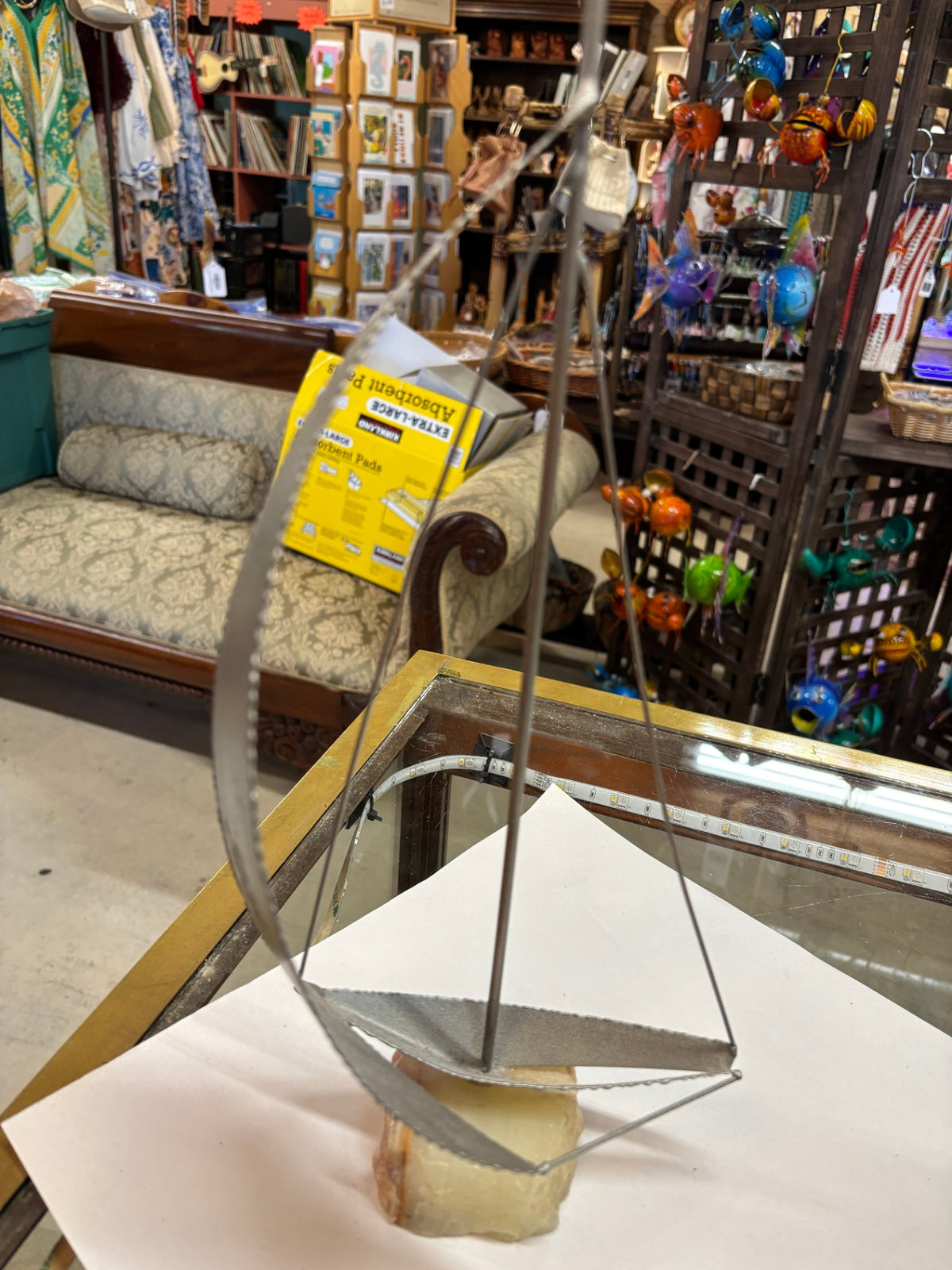Vintage Brutalist Metal Sailboat Sculpture on Natural Stone Base – Nautical Décor