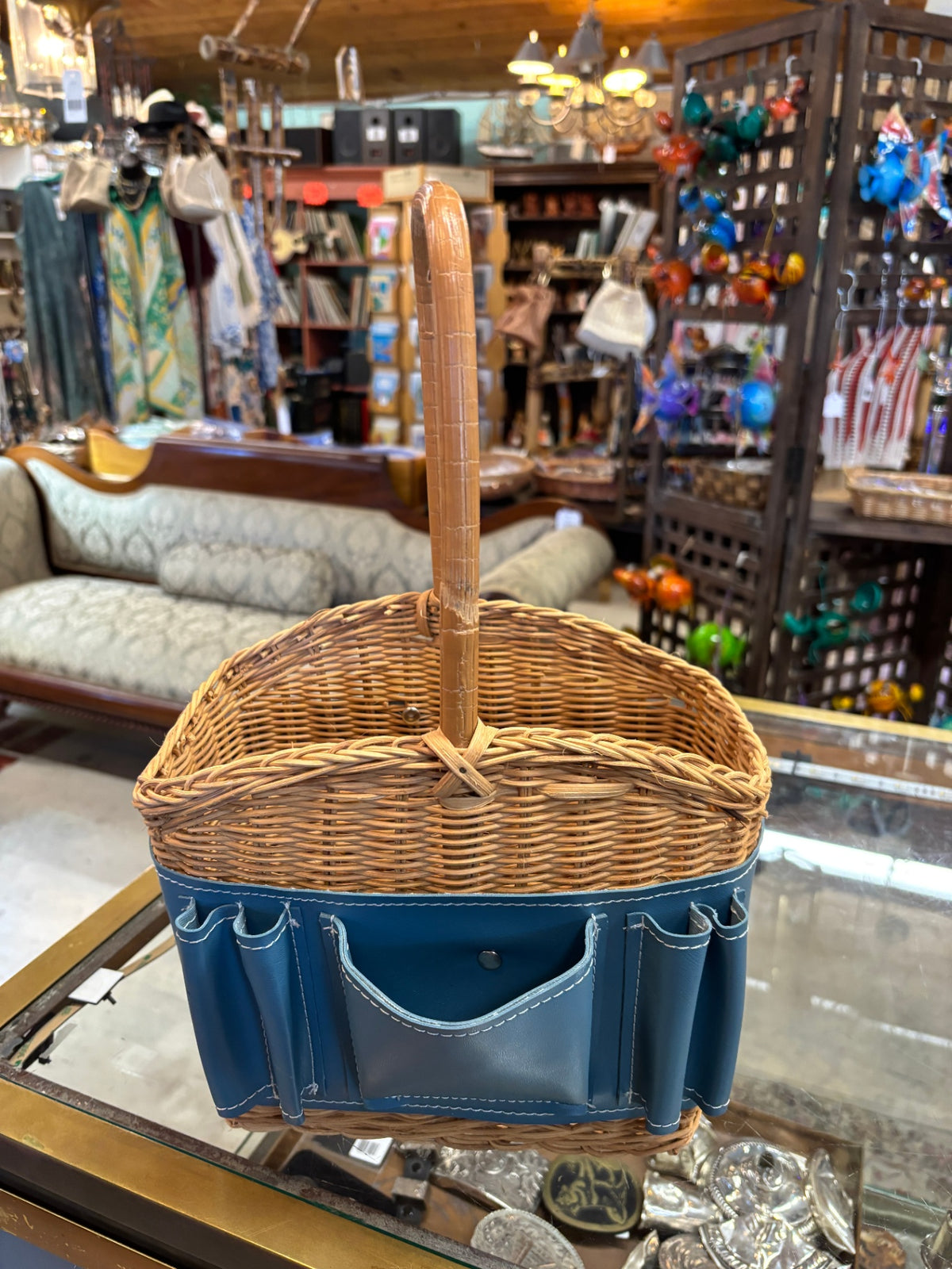 Vintage Wicker Garden Tool Basket with Blue Utility Pockets and Wooden Handle