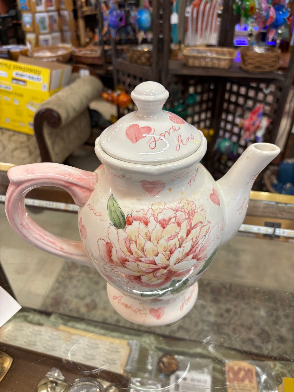 Hand-Painted Floral Ceramic Teapot – Pink Peonies & Love Script