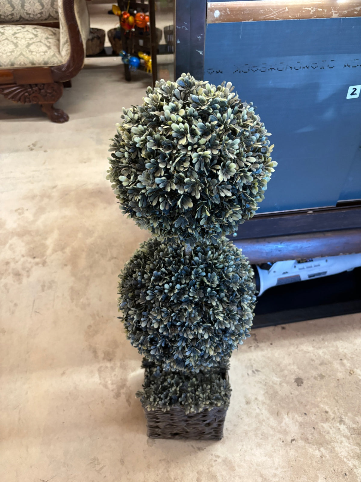 Lighted Double Ball Faux Boxwood Topiary in Woven Basket Planter