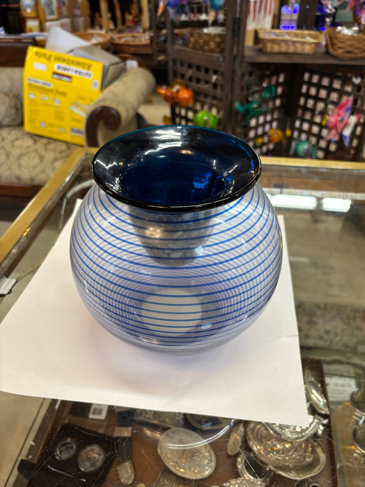 Vintage Blue Swirl Art Glass Vase with Cobalt Blue Flared Rim