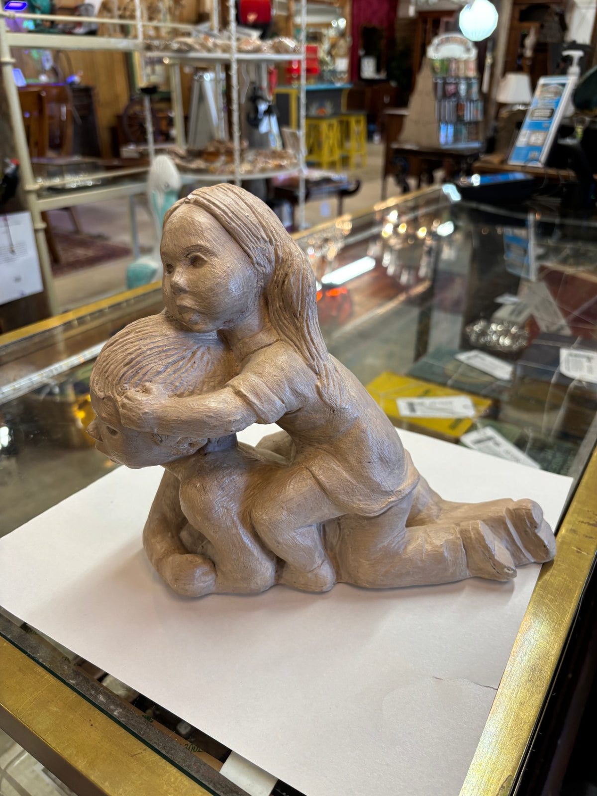 Vintage Folk Art Sculpture of Two Children Playing – Rustic Figurine
