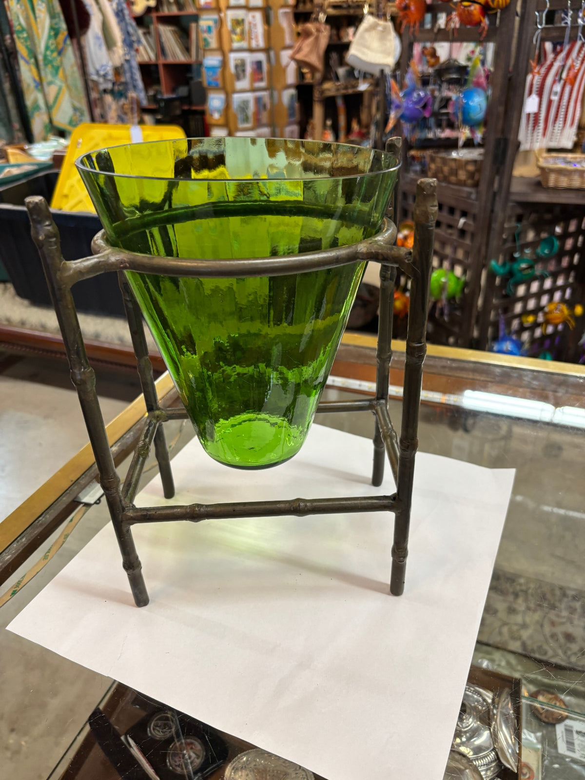 Vintage Green Art Glass Vase with Bamboo-Style Metal Stand