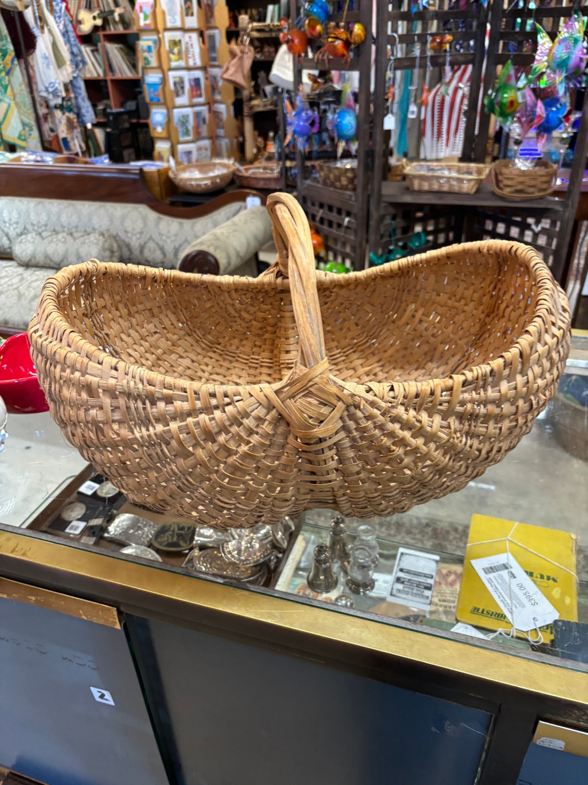 Vintage Handwoven Splint Basket with Tall Bentwood Handle – Rustic Farmhouse Gathering Basket