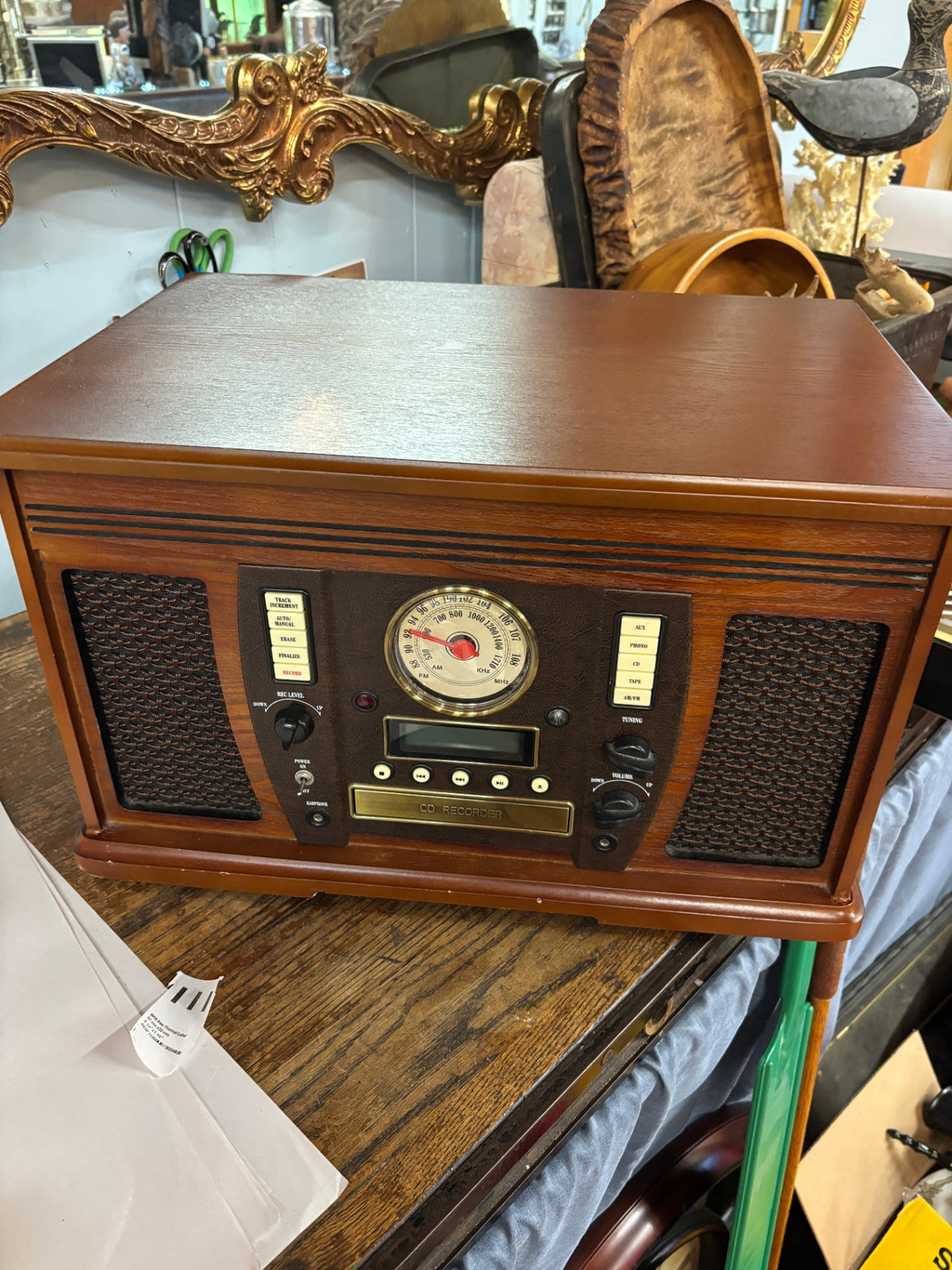 Vintage-Style Wooden Stereo Entertainment Center with CD Recorder, Radio & Cassette Player