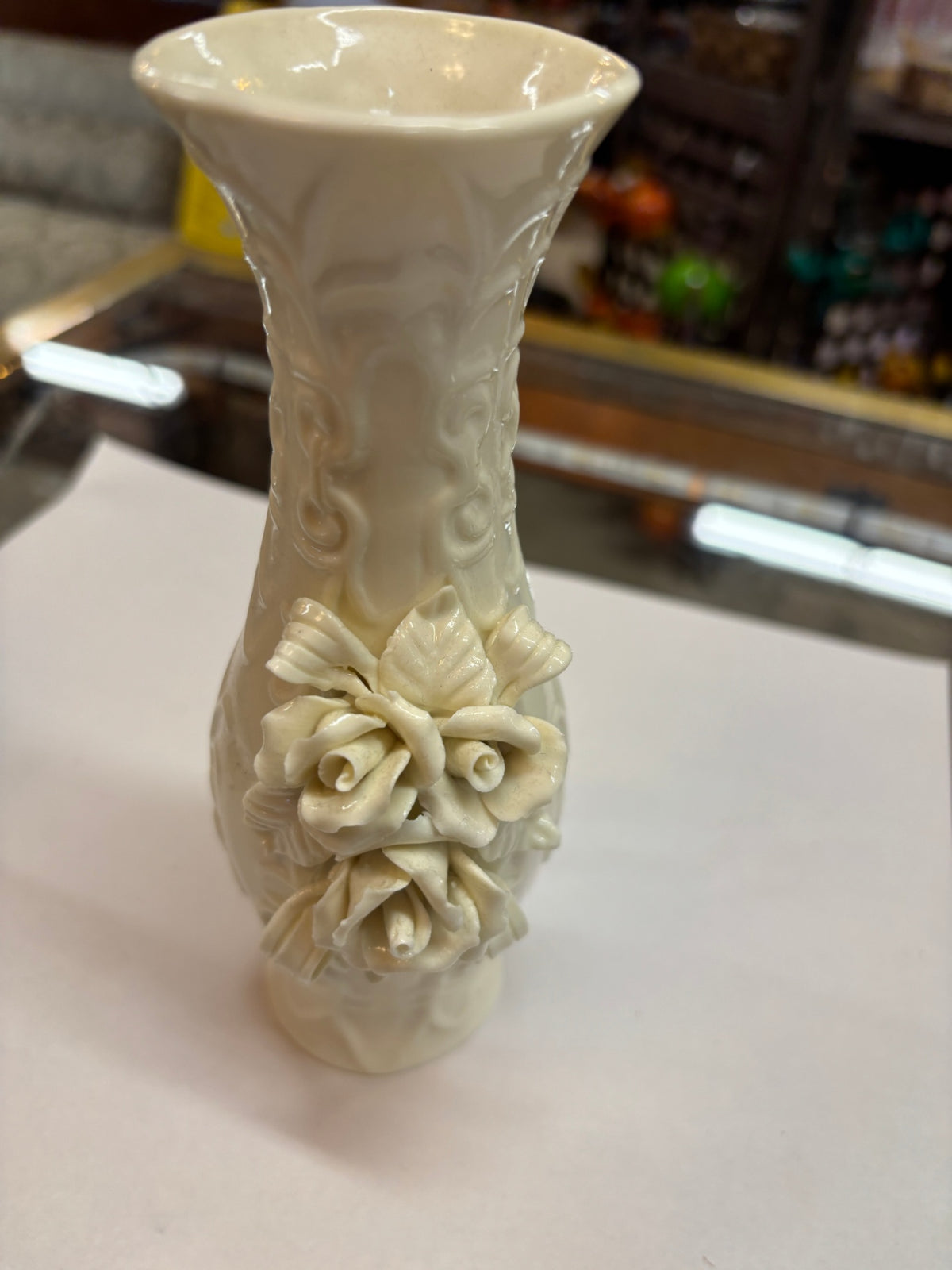 Vintage Ivory Glazed Porcelain Bud Vase with Applied Roses – Ornate Floral Design