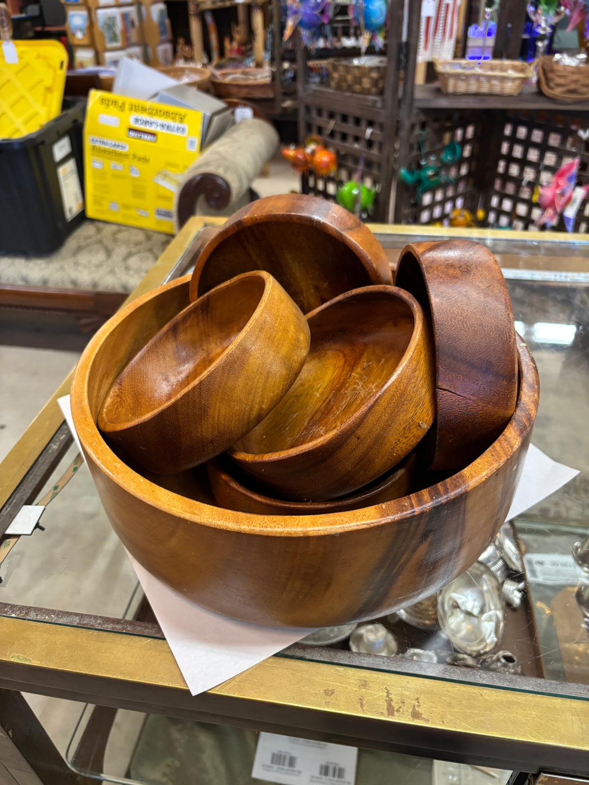 Vintage Set of 5 Solid Wood Nesting Bowls – Handcrafted Rustic Serving Bowls