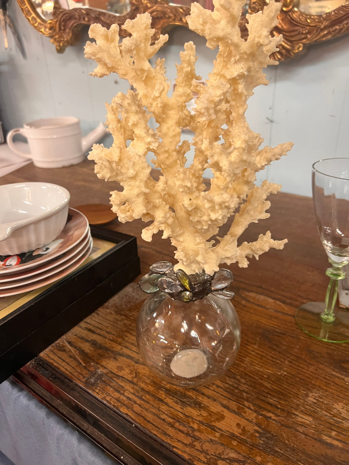 Large Natural Branching Coral Specimen in Decorative Art Glass Vase – Coastal Nautical Decor