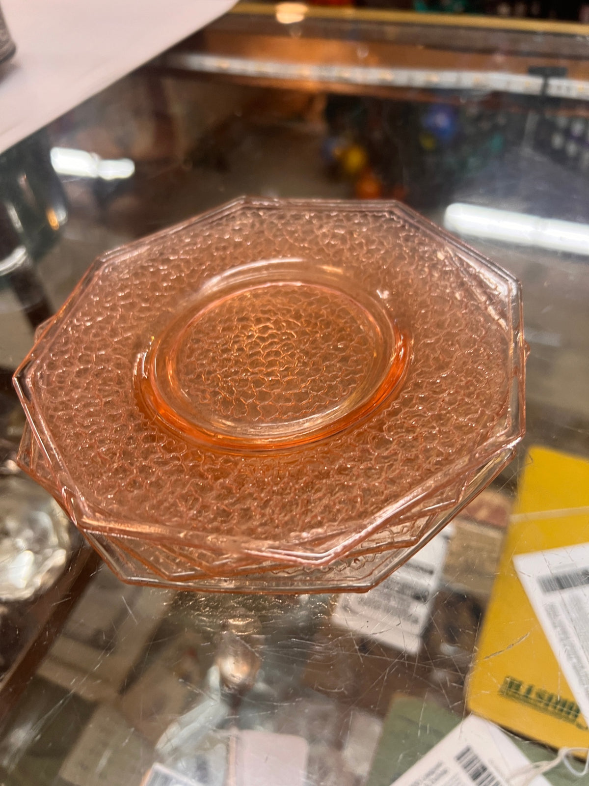 (4) Jeanette Diamond Design Pink Depression Glass Octagon 8 Sided 6" Plates