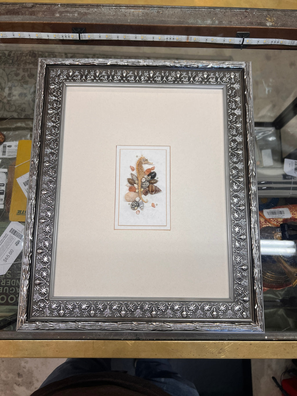 Signed Alexander Framed Seahorse & Seashell Mixed Media Coastal Artwork