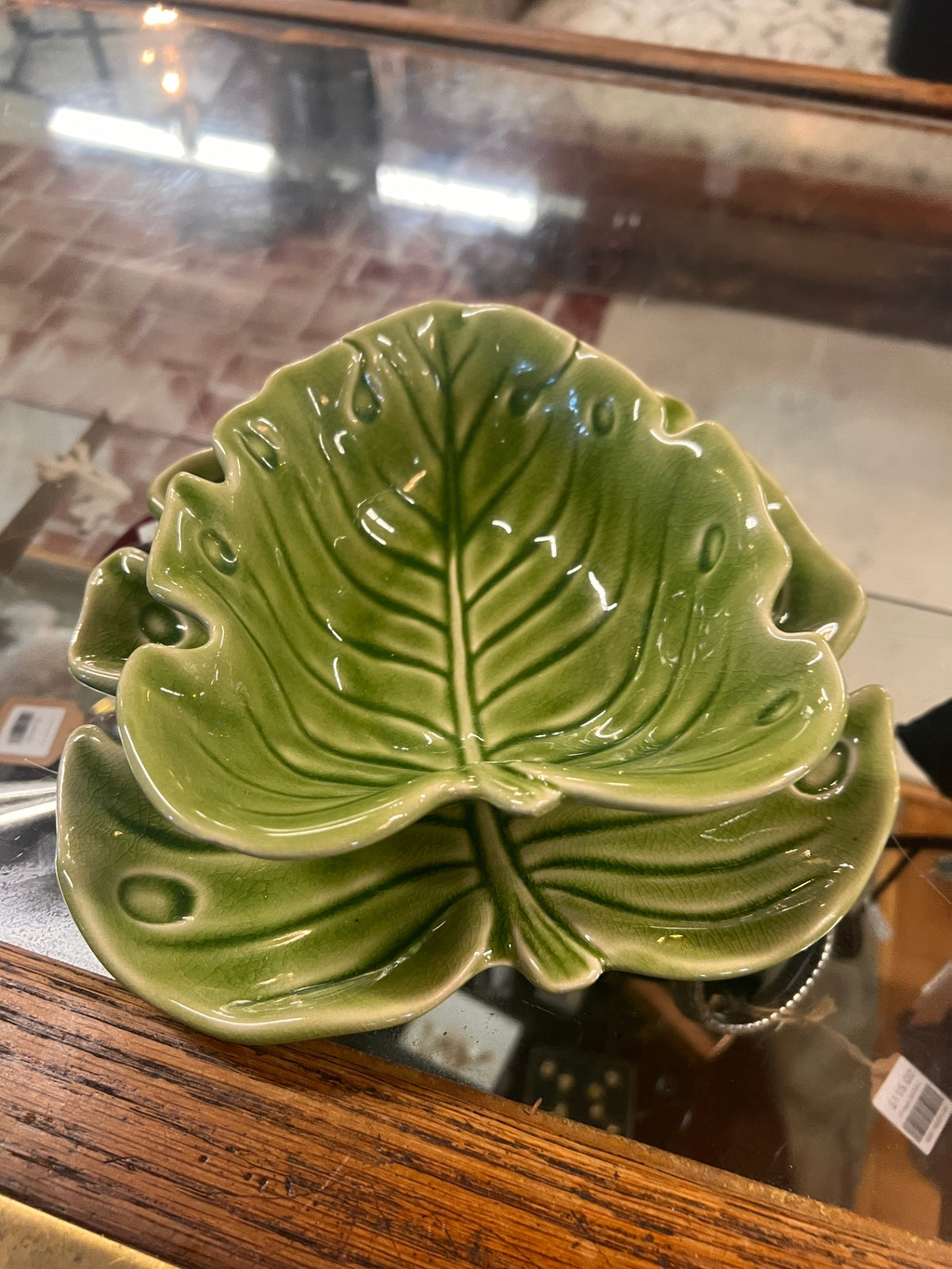 Home|Studio Monterey Collection Green Crackled Art Pottery Leaf Bowl & Salad Plate