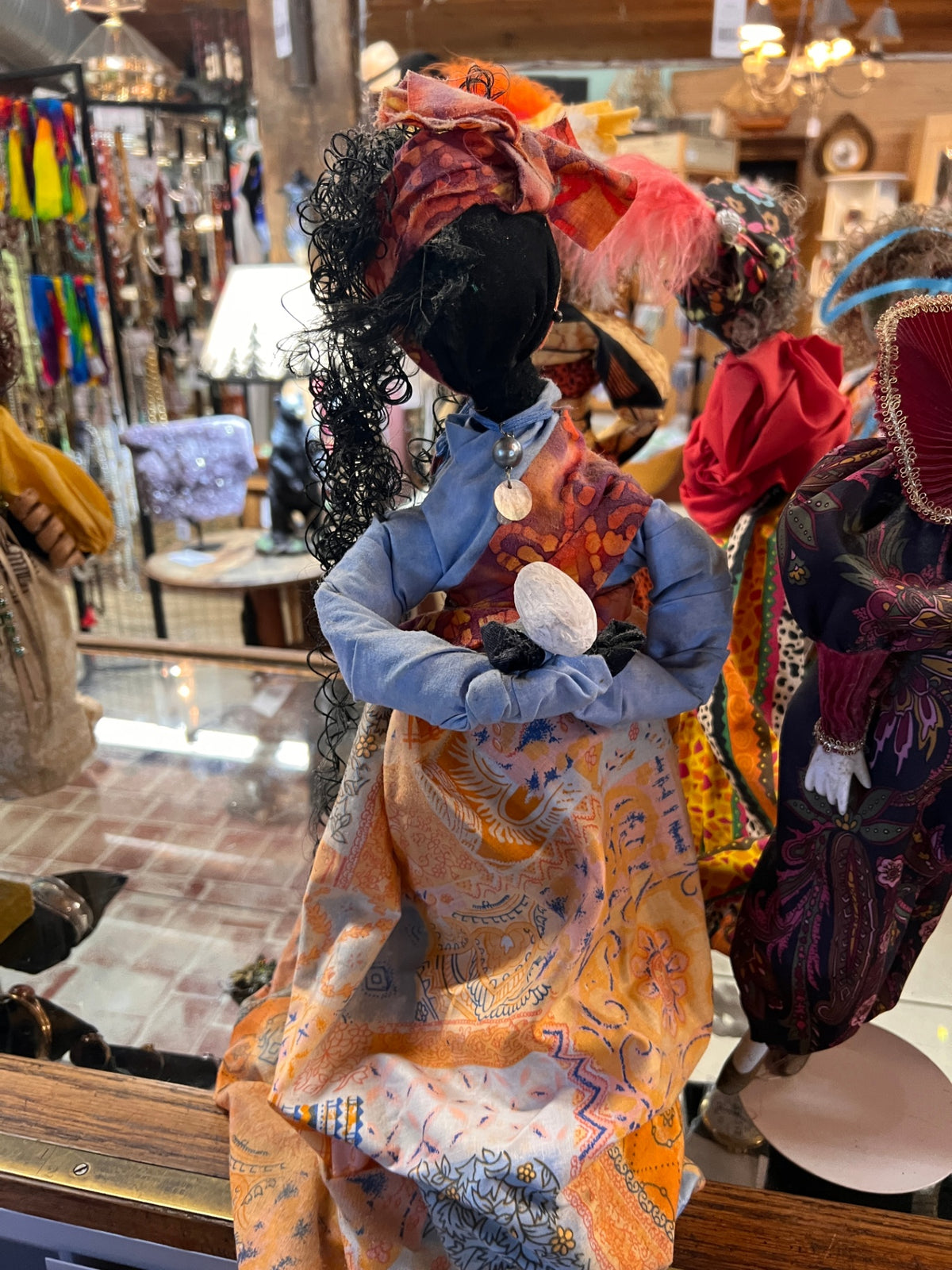 Handmade African American Folk Art Bottle Dolls – Colorful Textile Sculptures – 16"