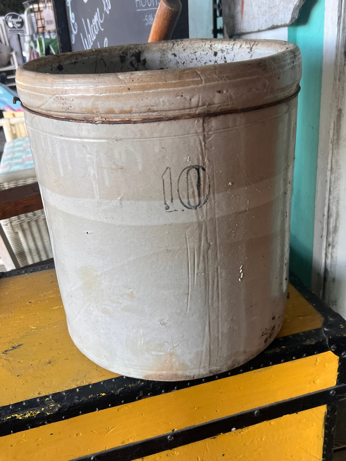 Antique 10-Gallon Stoneware Crock – Large Gray Salt-Glazed Primitive Storage Vessel