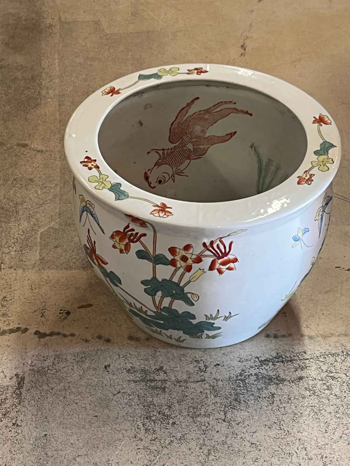 Vintage Chinese Porcelain Fish Bowl Planter – Hand-Painted Koi Fish & Lotus Floral Design