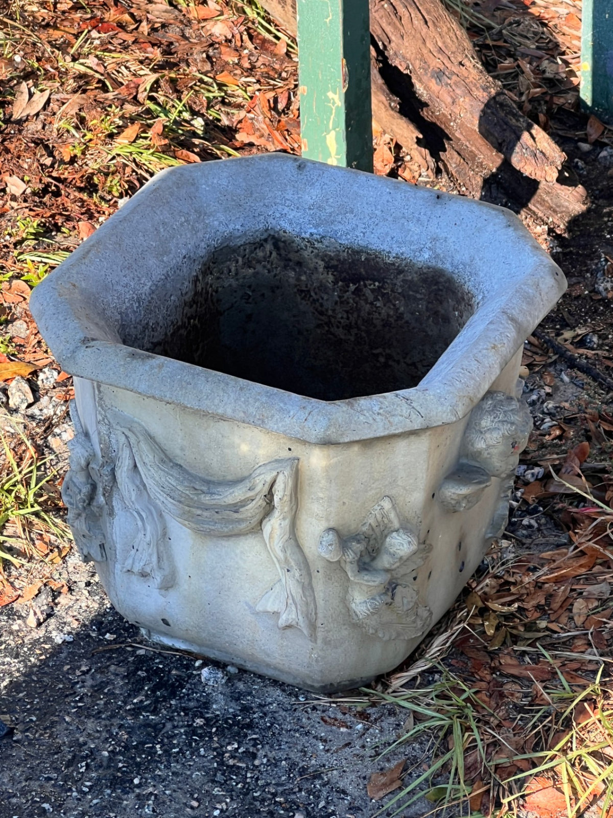 Vintage Ornate Concrete Garden Planter with Cherub Figures & Draped Garland Relief