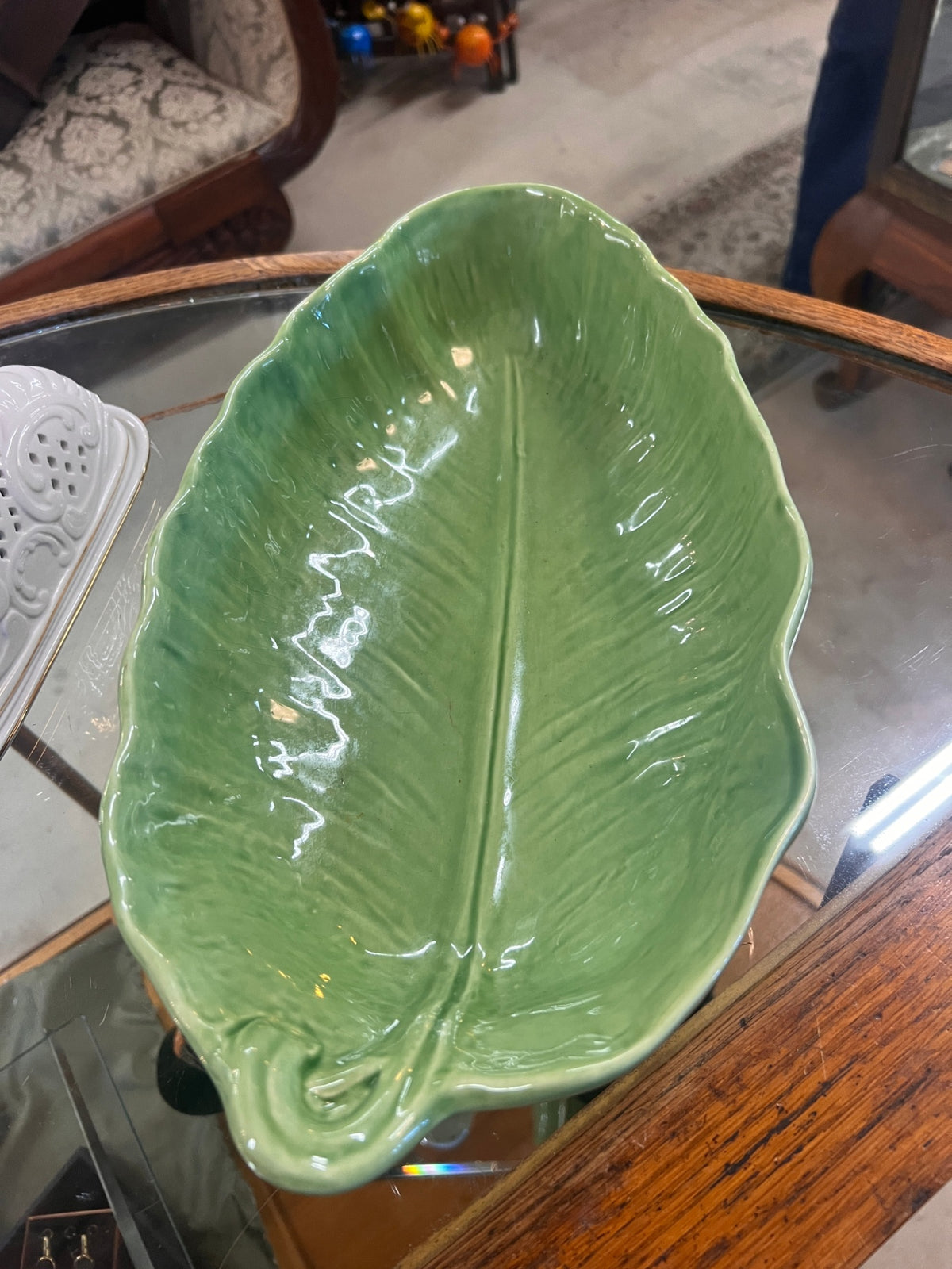 Olfaire Majolica Green Banana Leaf Platter 5762 Portugal Vintage