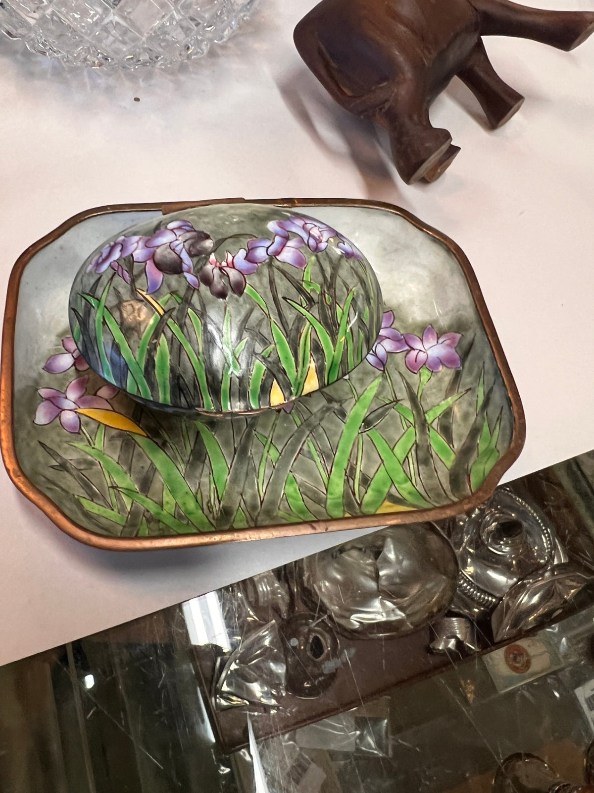 Chinemel Chinese Iris Enamel on Copper Trinket Box & Tray 