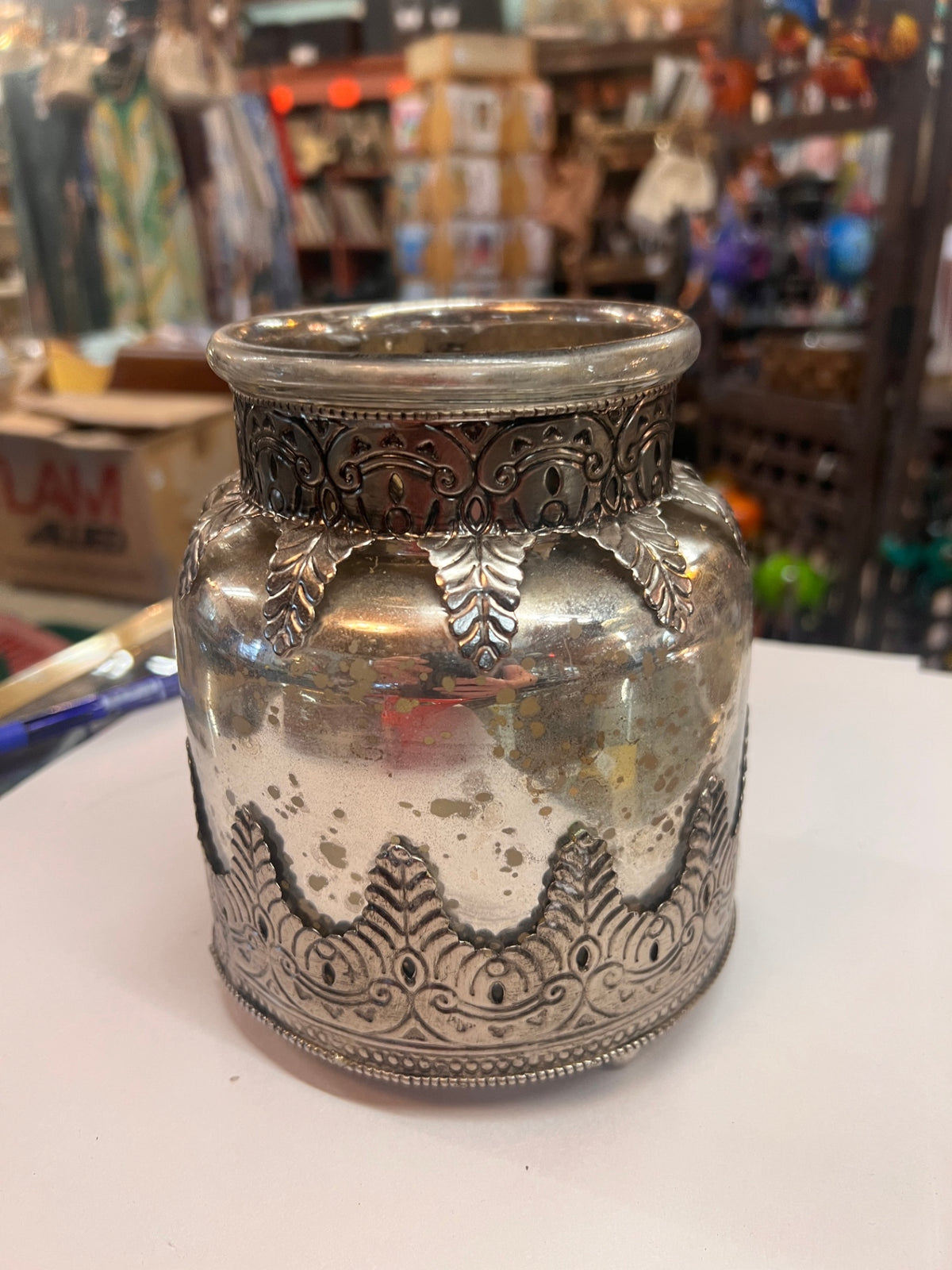 Vintage Pottery Barn Madeline Filigree Silverplate Metal Mercury Glass Vase