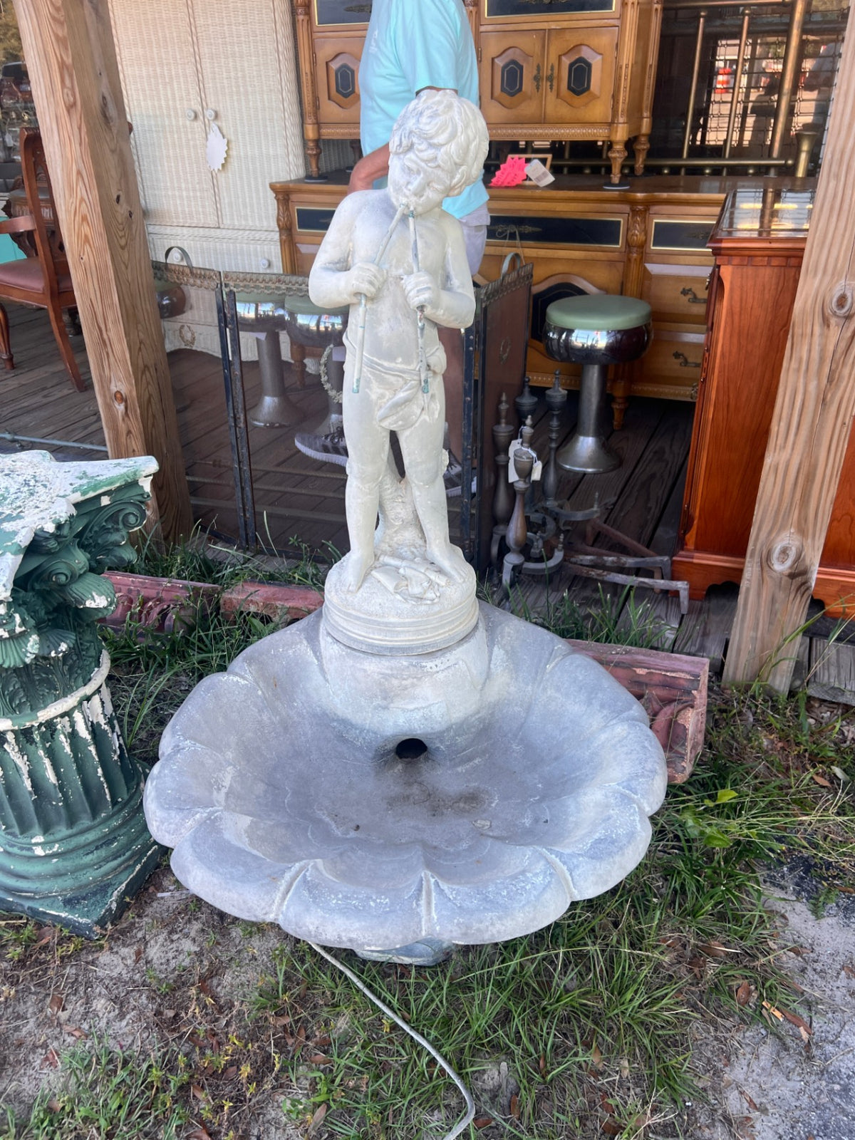 Large Classical Cherub Garden Fountain – Boy with Flutes & Scalloped Basin – Vintage Outdoor Statuary