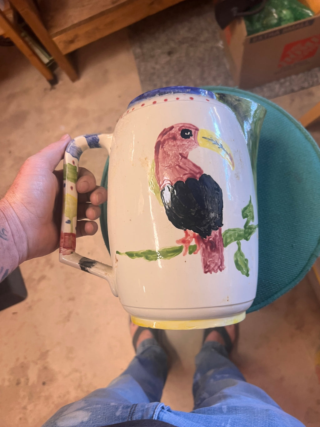 Vintage Hand-Painted Ceramic Toucan Pitcher – Tropical Bird Folk Art Pottery