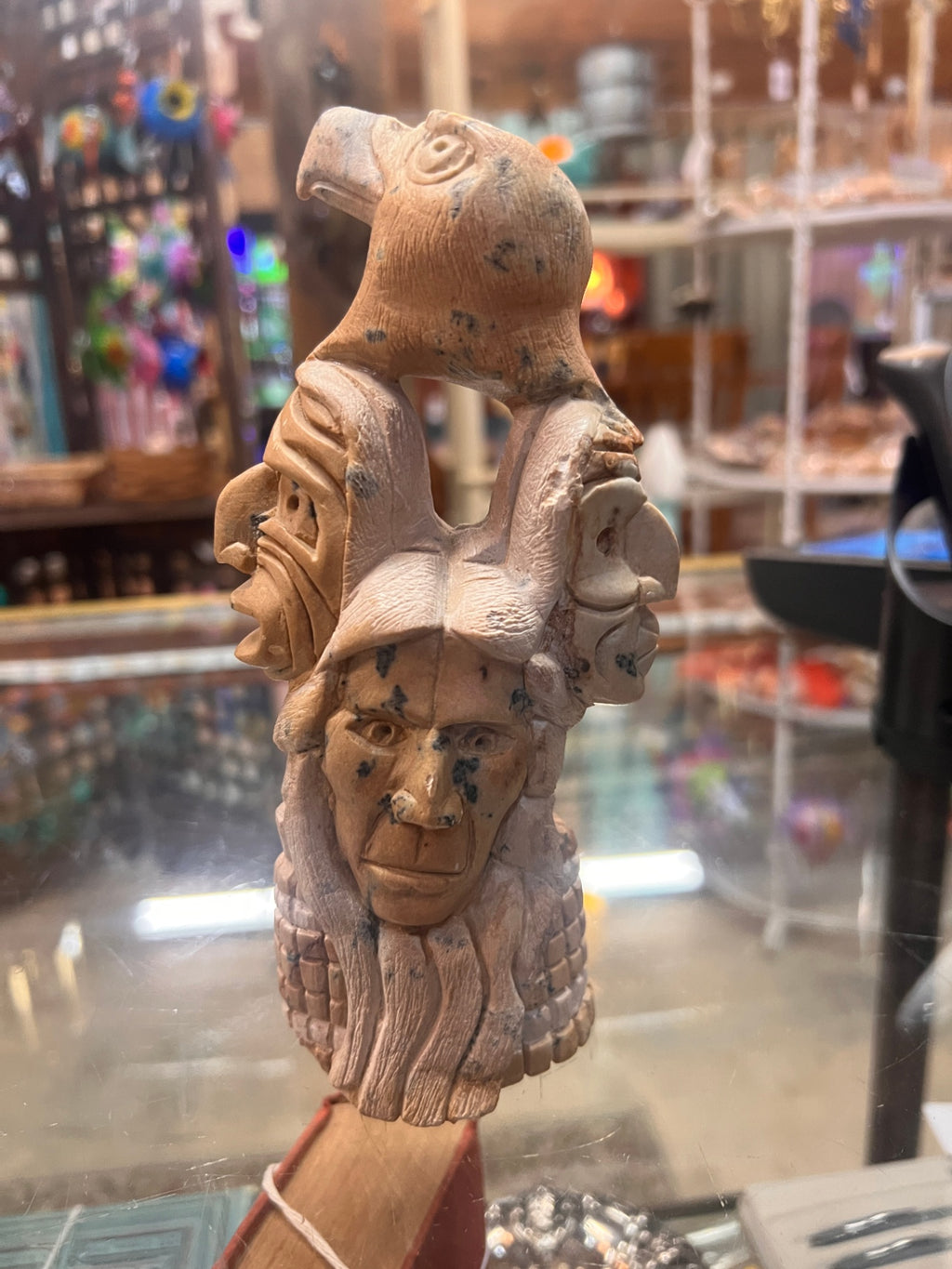 Vintage 1989 Steve Powless Attributed Hand-Carved Soapstone Eagle & Faces Sculpture – 7.5"