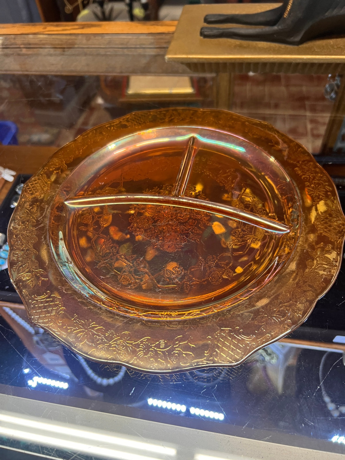 Vintage Federal Glass Divided Plate Set, Normandy Bouquet Lattice Marigold Iridescent Dinnerware