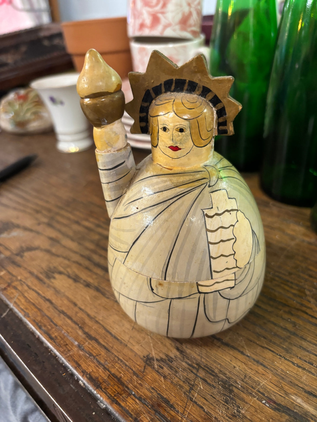 Vintage hand-painted wooden nesting doll shaped like the Statue of Liberty (Lady Liberty)