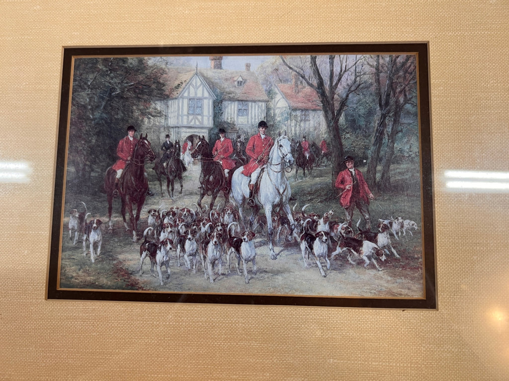 Vintage English Fox Hunt Equestrian Art Print – Horse Riders & Hounds – Gold Framed