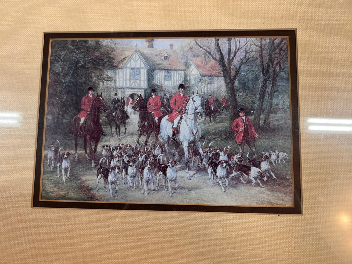Vintage English Fox Hunt Equestrian Art Print – Horse Riders & Hounds – Gold Framed