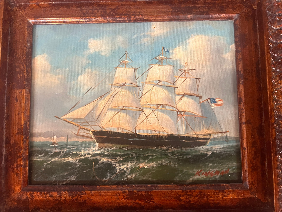 Vintage Original Oil Painting American Three-Masted Sailing Ship – Signed Kingman – Ornate Frame