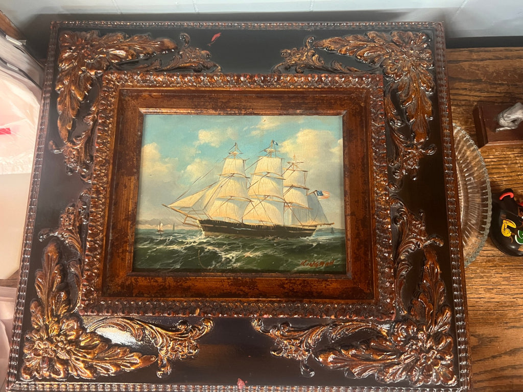 Vintage Original Oil Painting American Three-Masted Sailing Ship – Signed Kingman – Ornate Frame
