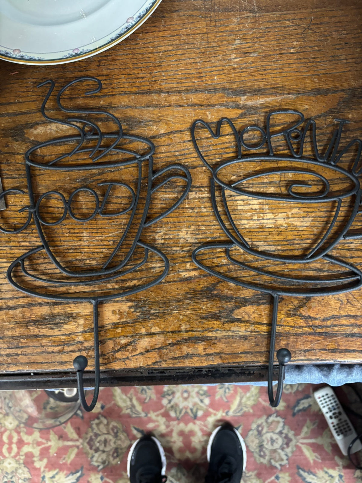 Vintage set of two black metal wire wall hooks "good" "morning"