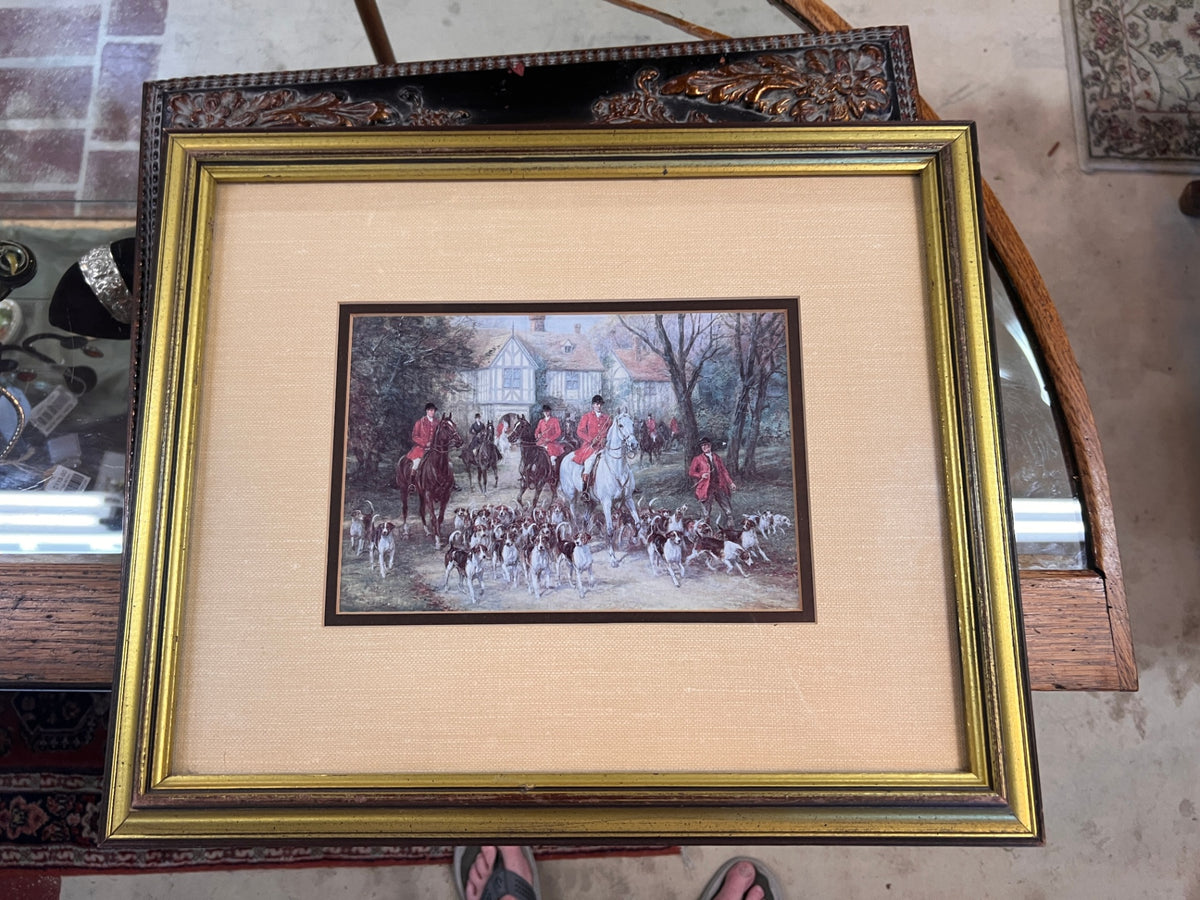 Vintage English Fox Hunt Equestrian Art Print – Horse Riders & Hounds – Gold Framed