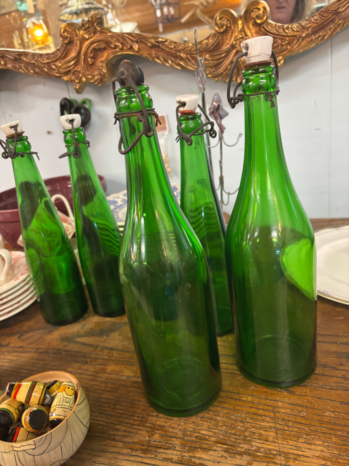 Vintage green glass swing-top (or bail-top) bottles 