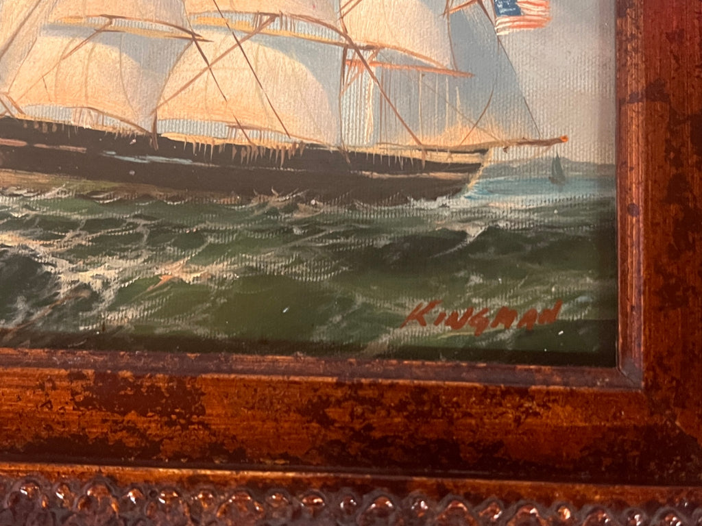 Vintage Original Oil Painting American Three-Masted Sailing Ship – Signed Kingman – Ornate Frame