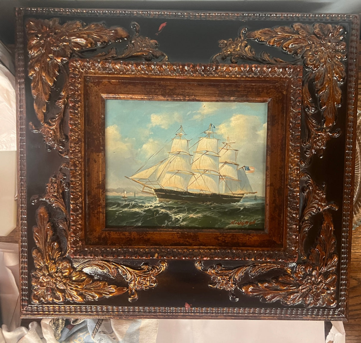 Vintage Original Oil Painting American Three-Masted Sailing Ship – Signed Kingman – Ornate Frame