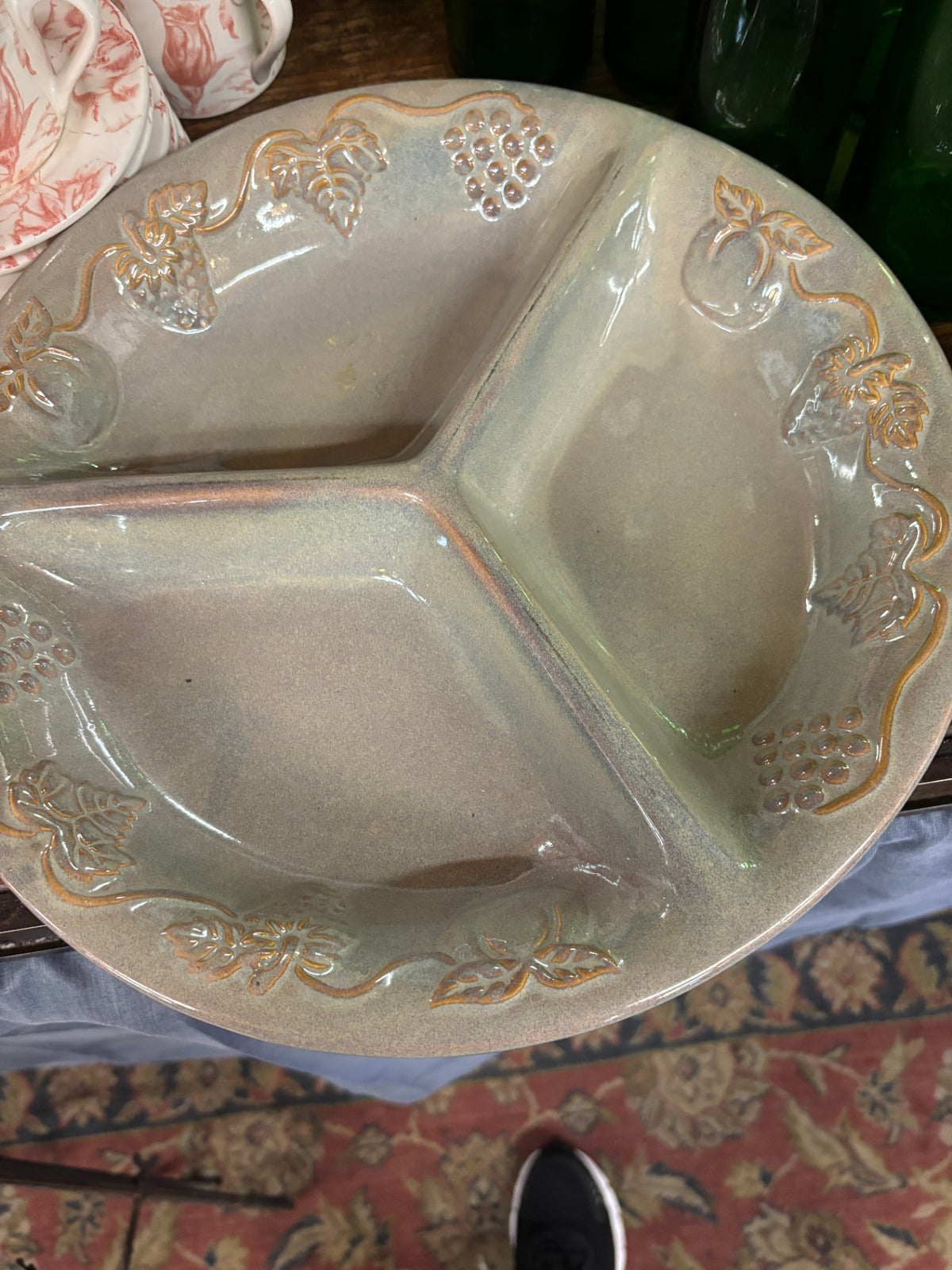 Vintage, round beige/gray-green ceramic 3-section divided serving platter