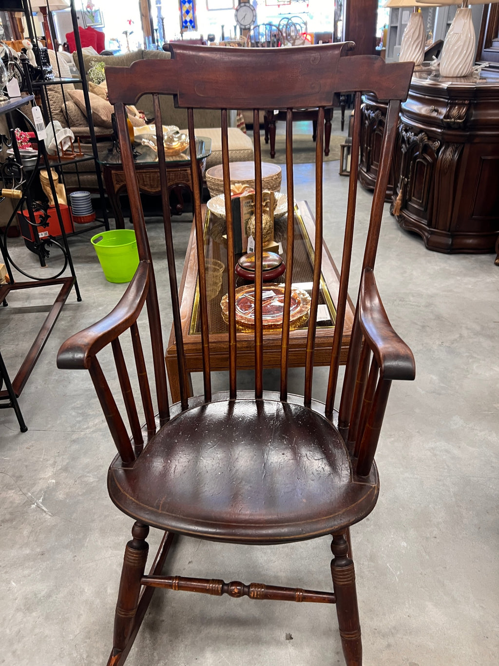 Vintage Windsor-Style Spindle Back Wooden Rocking Chair with Curved Arms