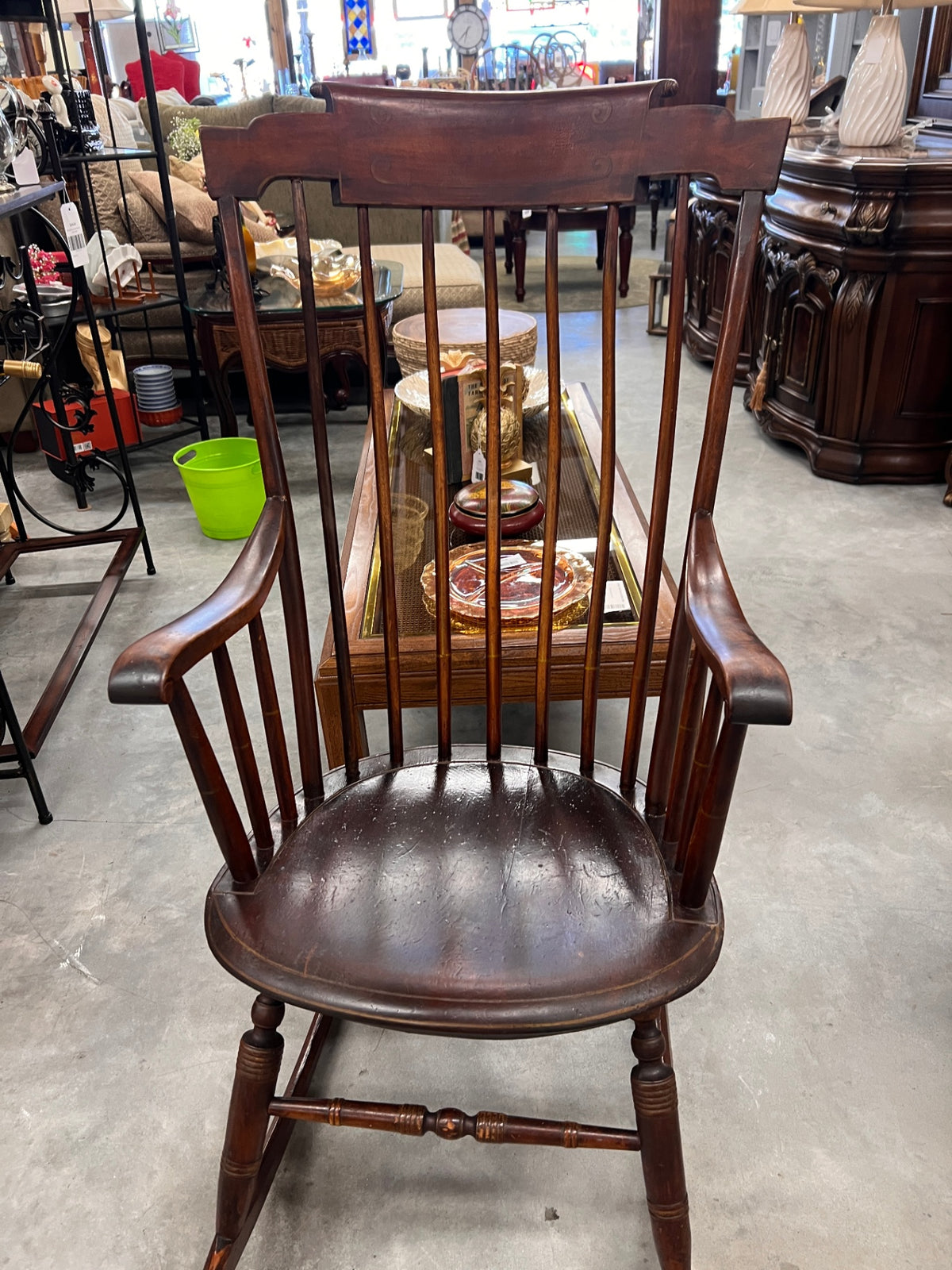 Vintage Windsor-Style Spindle Back Wooden Rocking Chair with Curved Arms