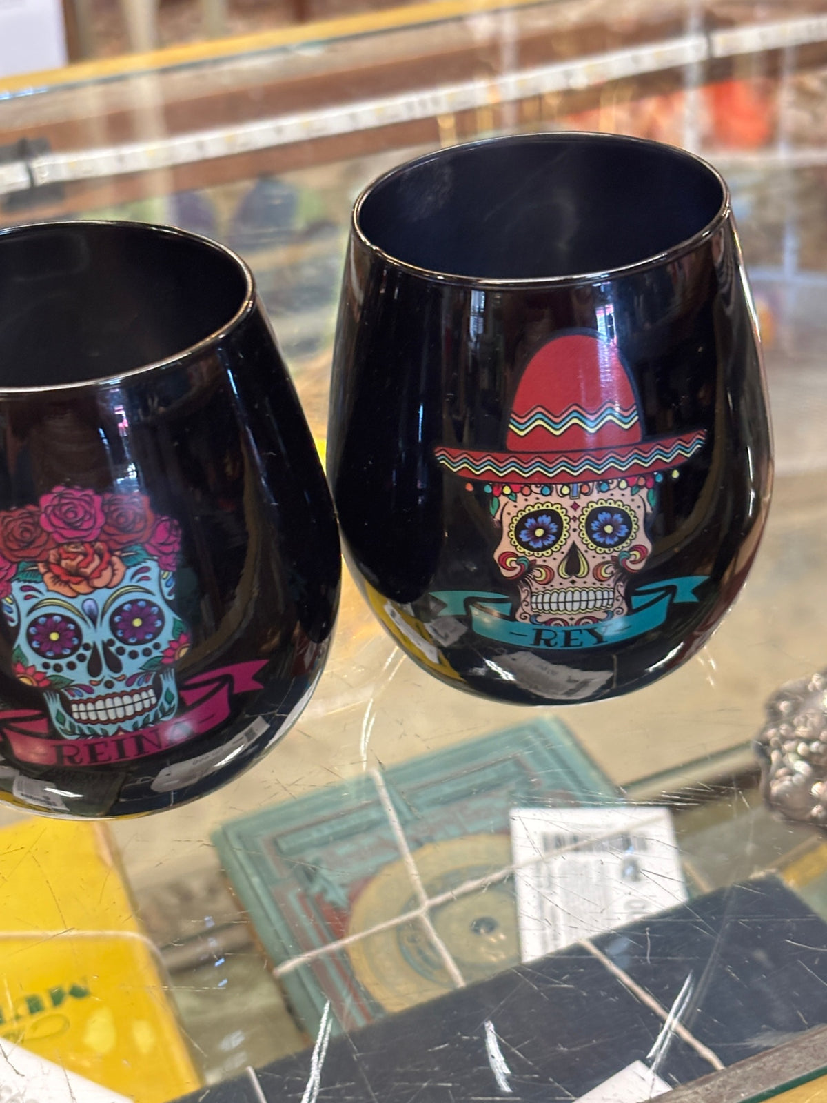 Day of the Dead themed stemless wine glasses