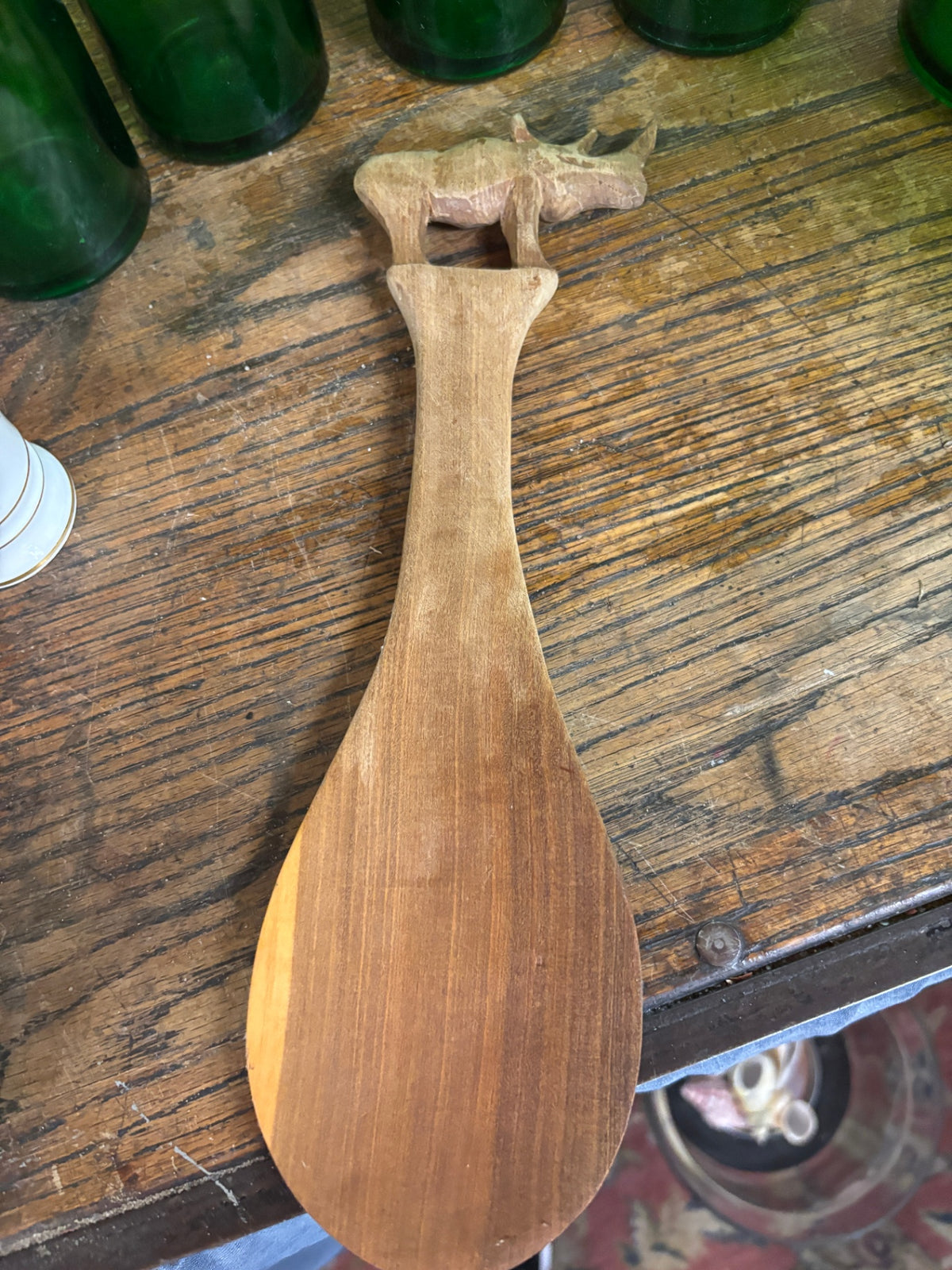  Rhino Shoehorn Spoon Artist Hand Carved Wooden Vintage 12” Long 