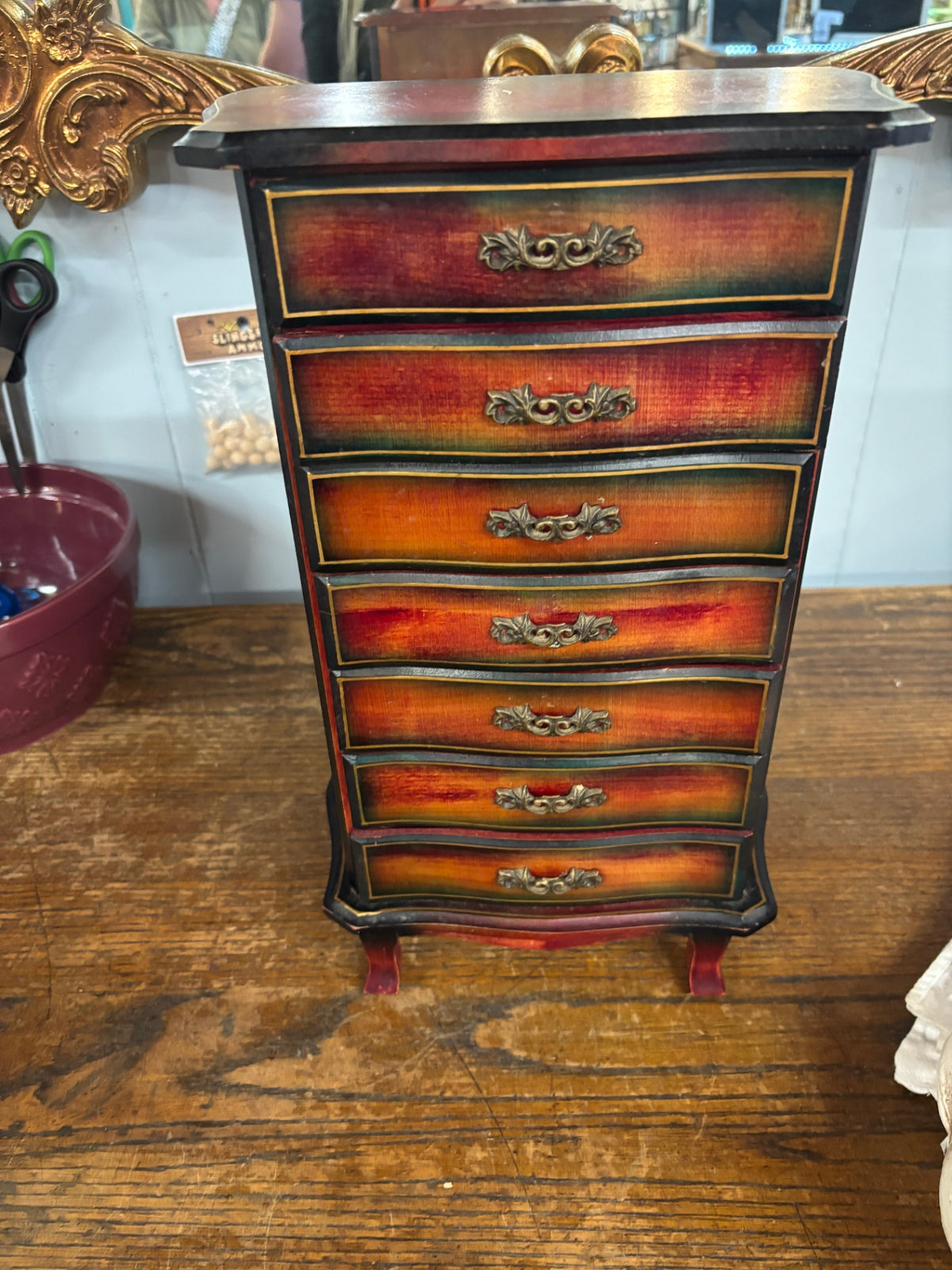 Vintage Hand-Painted Seven-Drawer Miniature Jewelry Chest – Colorful Wood Apothecary Style