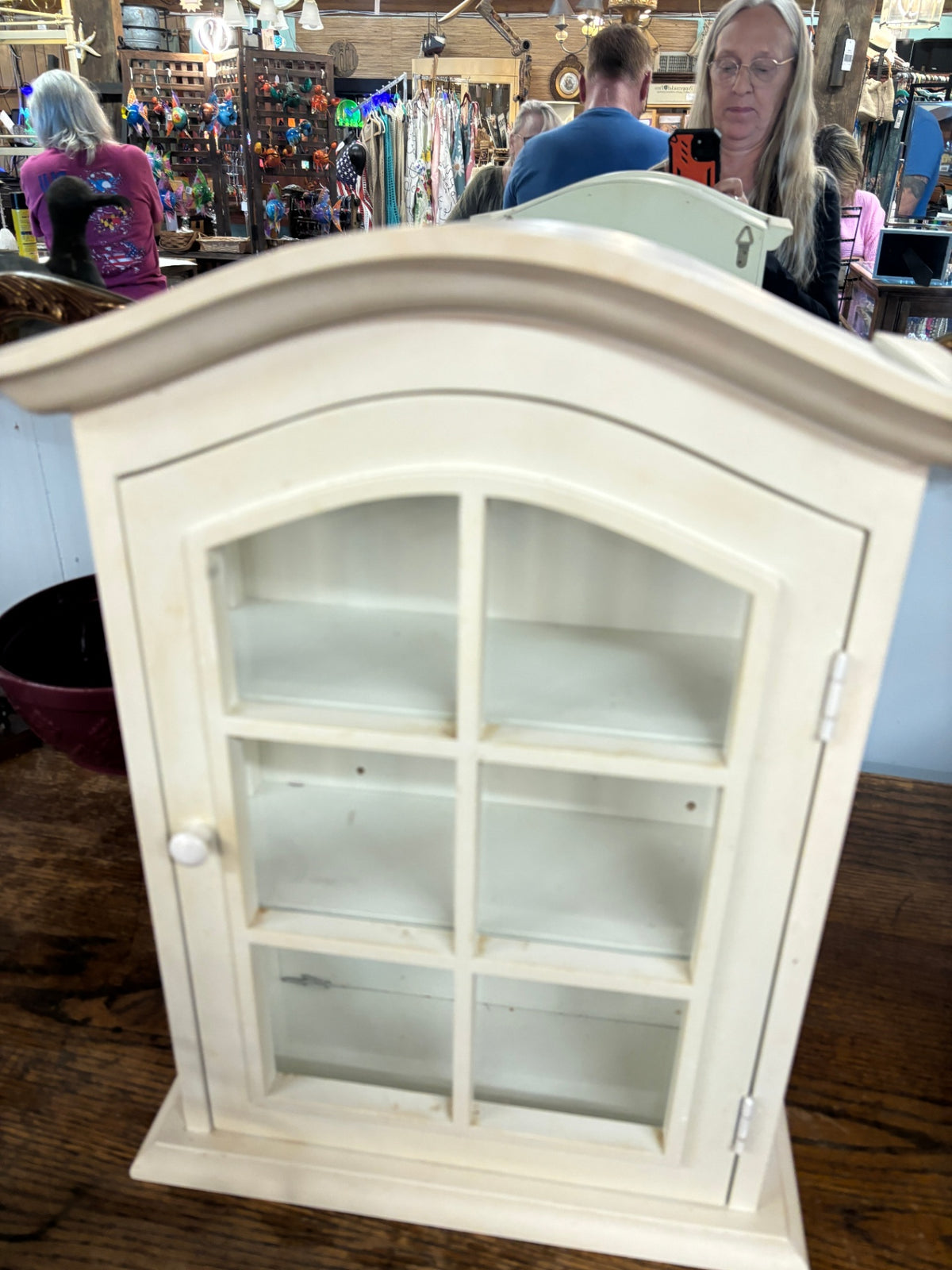 Vintage Cream White Arched Glass Door Wall Cabinet – Cottage Farmhouse Style